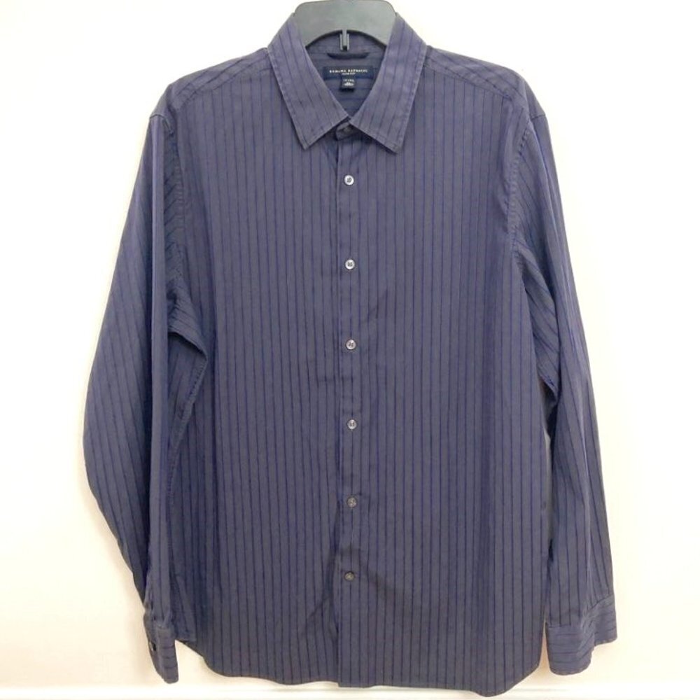 Banana Republic Shirt Men's XL 17/17.5 Slim Fit Dark Gray w/ Blue Stripe